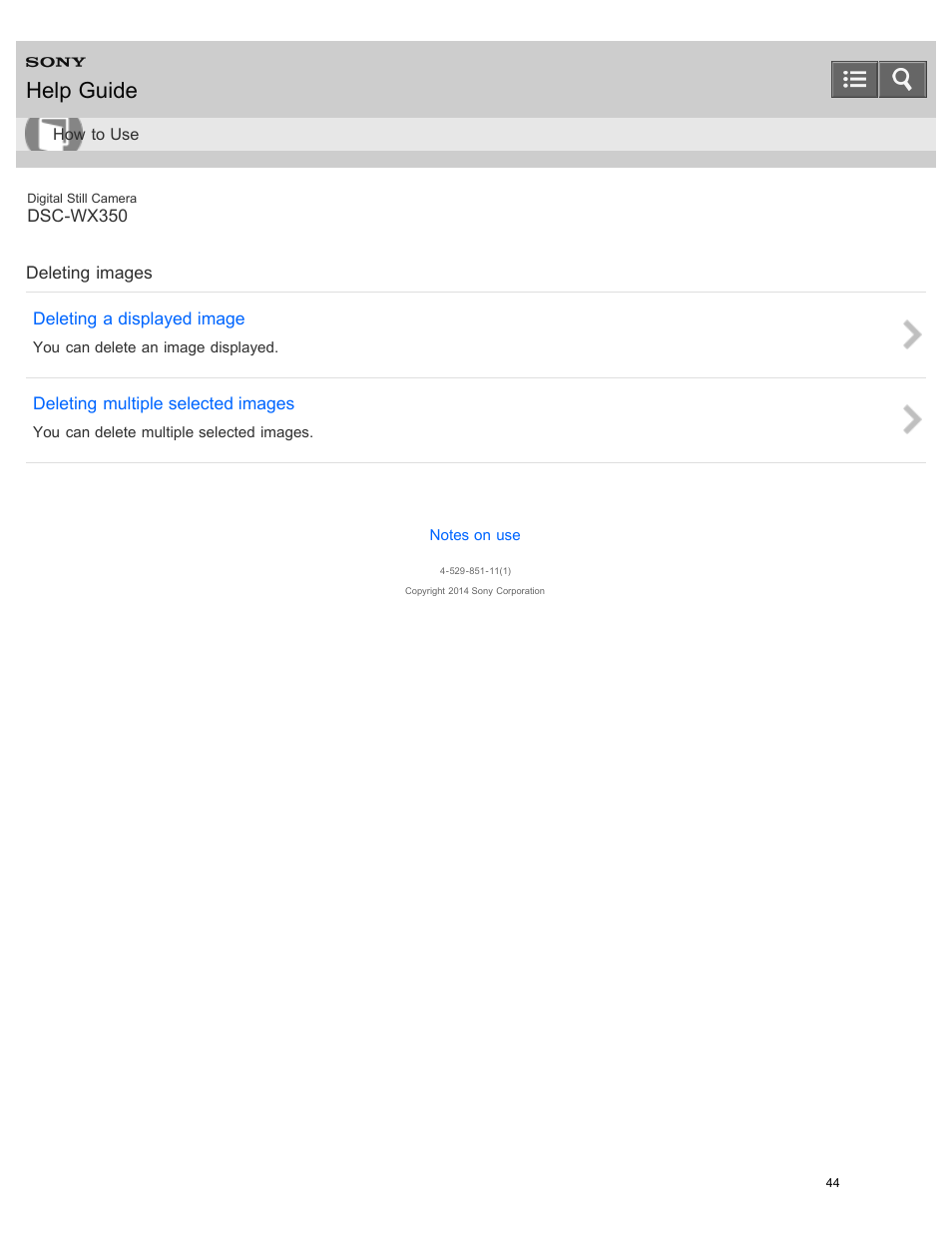 Deleting images, Help guide | Sony DSC-WX350 User Manual | Page 48 / 319