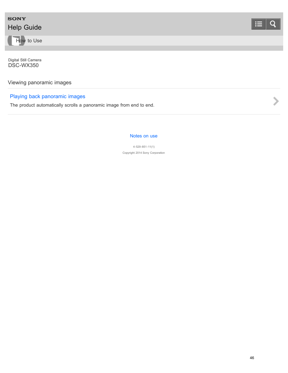 Viewing panoramic images, Help guide | Sony DSC-WX350 User Manual | Page 50 / 319