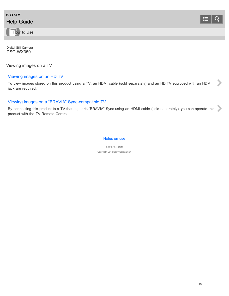 Viewing images on a tv, Help guide | Sony DSC-WX350 User Manual | Page 53 / 319