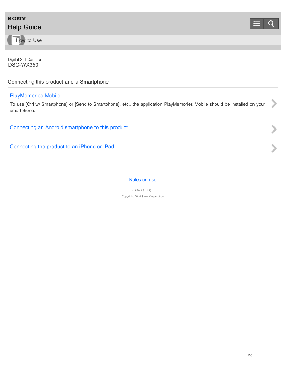 Connecting this product and a smartphone, Help guide | Sony DSC-WX350 User Manual | Page 57 / 319