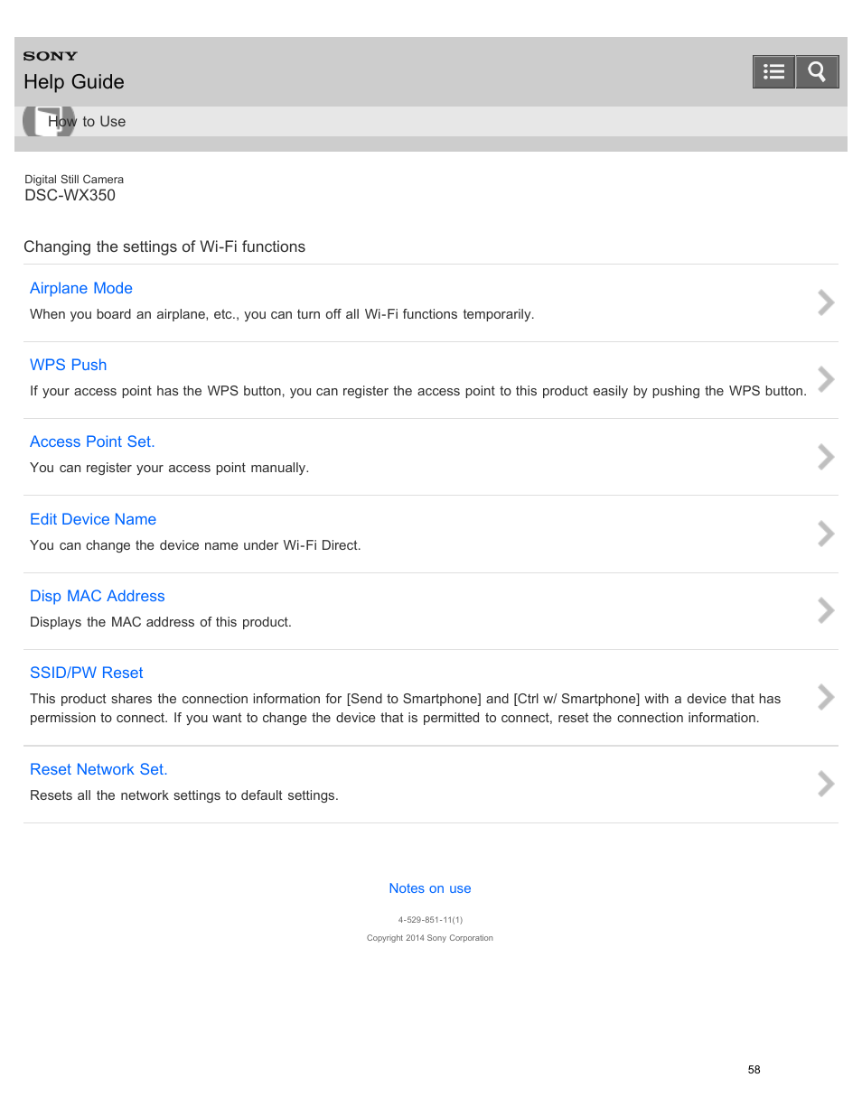 Changing the settings of wi-fi functions, Help guide | Sony DSC-WX350 User Manual | Page 62 / 319