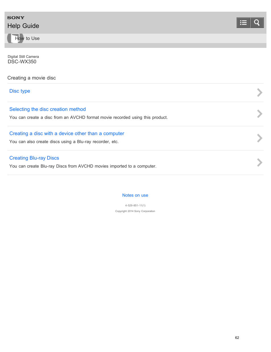 Creating a movie disc, Help guide | Sony DSC-WX350 User Manual | Page 66 / 319