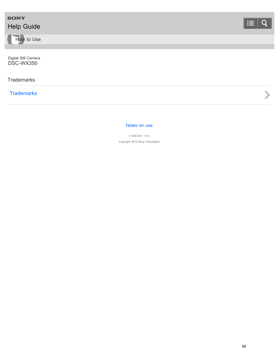 Trademarks, Help guide | Sony DSC-WX350 User Manual | Page 72 / 319