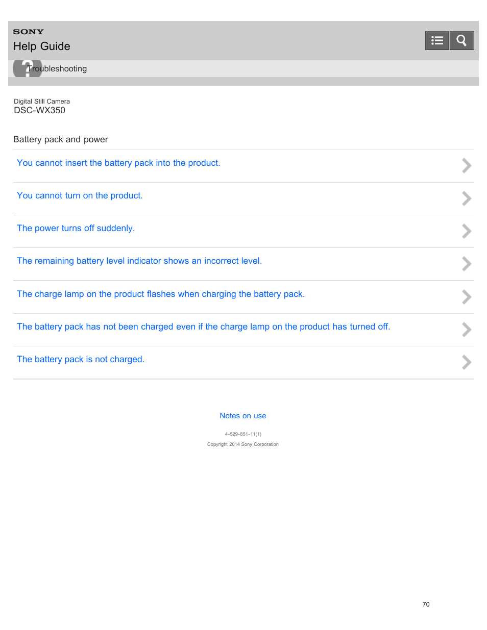 Battery pack and power, Help guide | Sony DSC-WX350 User Manual | Page 74 / 319