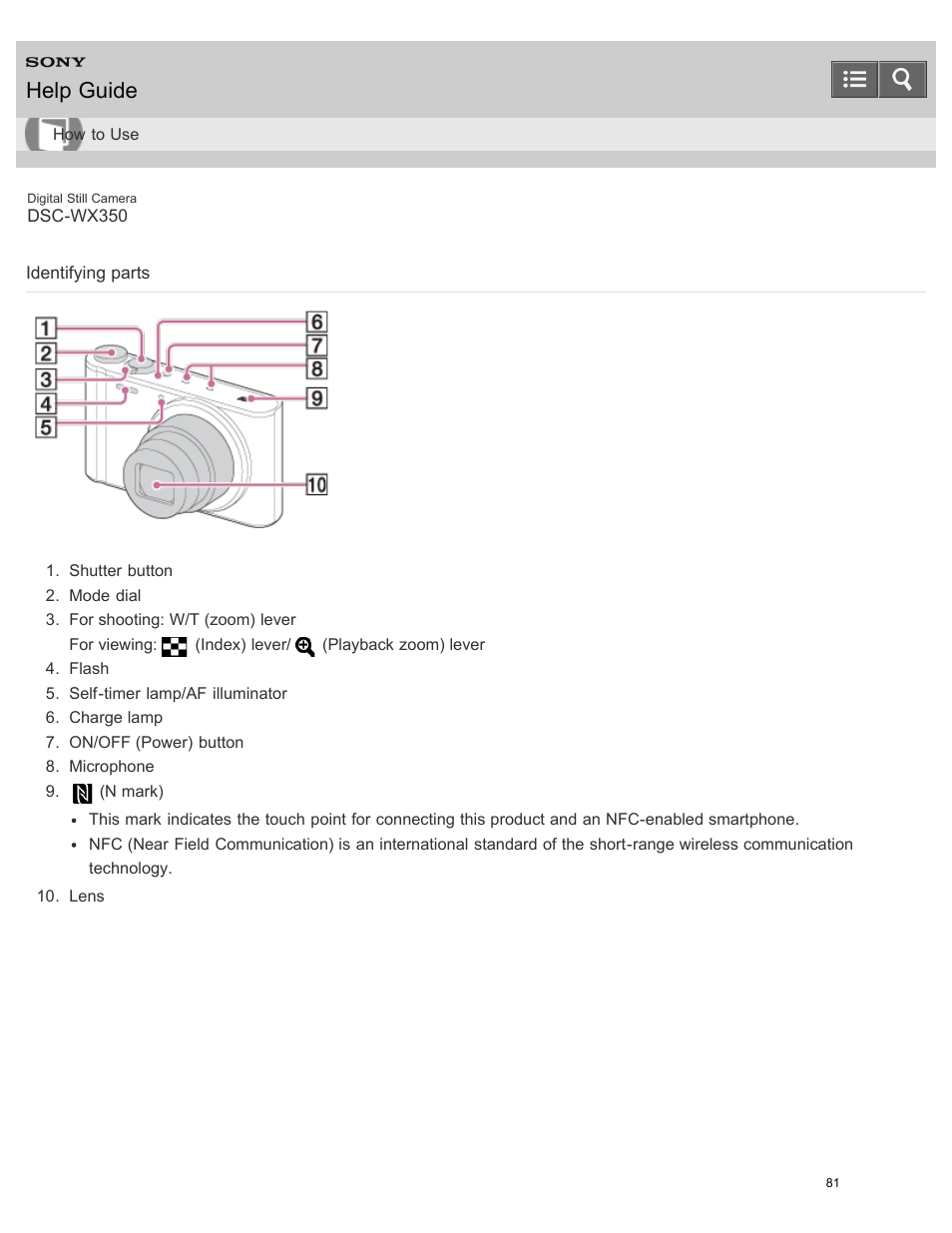 Identifying parts, Help guide | Sony DSC-WX350 User Manual | Page 85 / 319
