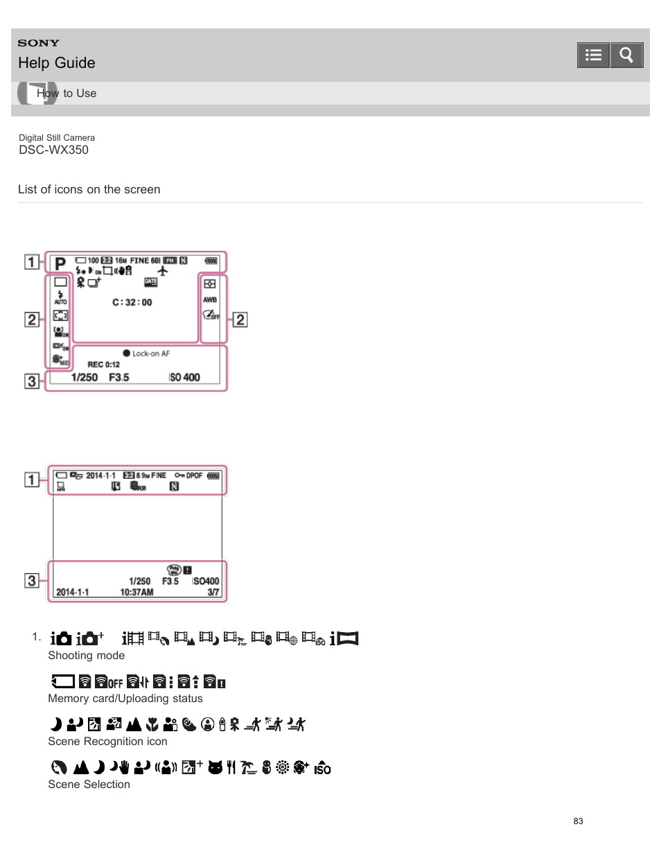 List of icons on the screen, Help guide | Sony DSC-WX350 User Manual | Page 87 / 319