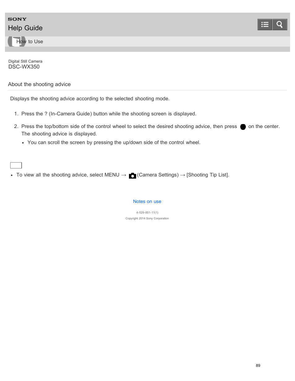 About the shooting advice, Help guide | Sony DSC-WX350 User Manual | Page 93 / 319