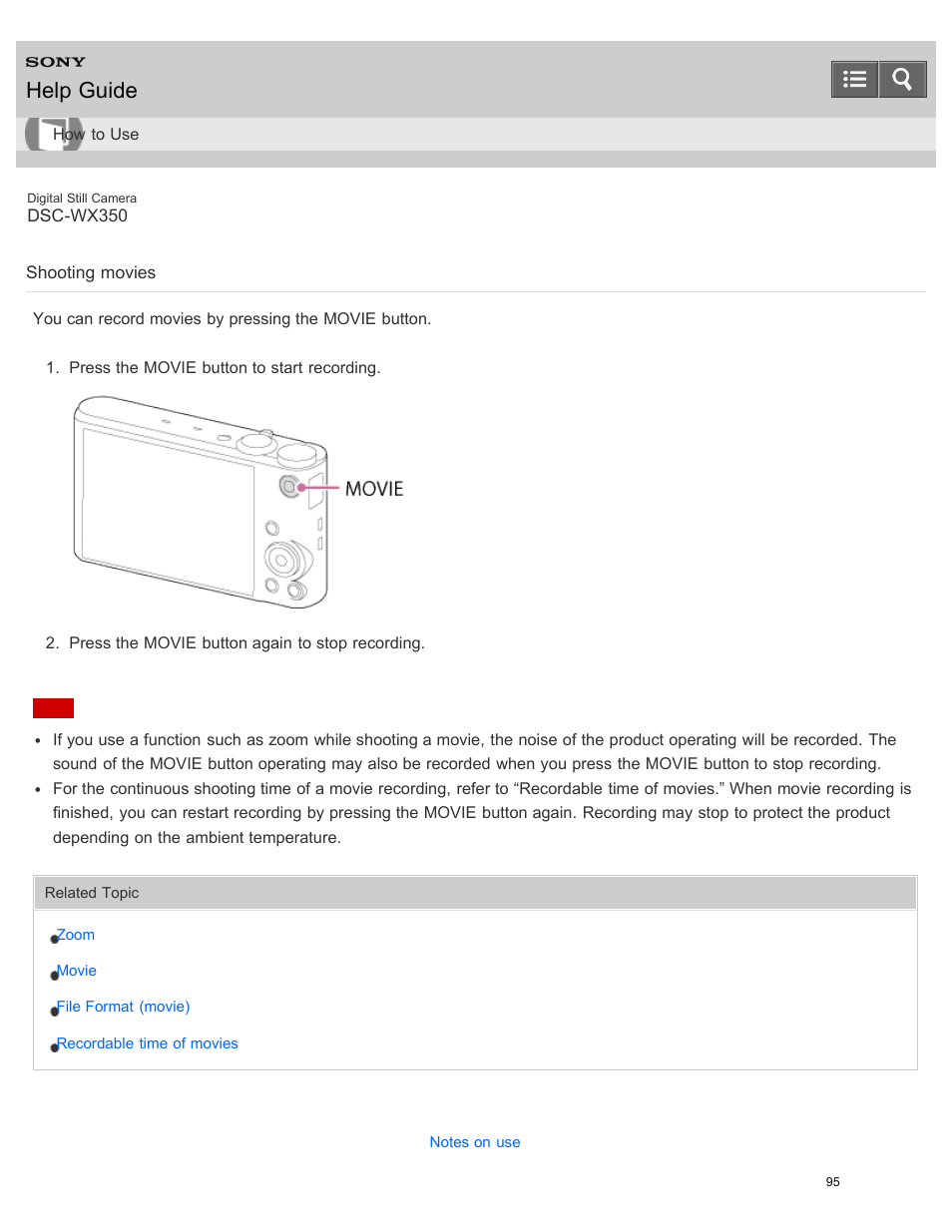 Shooting movies, You can record movies by pressing the movie button, Help guide | Sony DSC-WX350 User Manual | Page 99 / 319