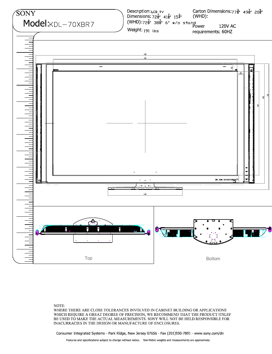 Sony KDL-70XBR7 User Manual | 3 pages