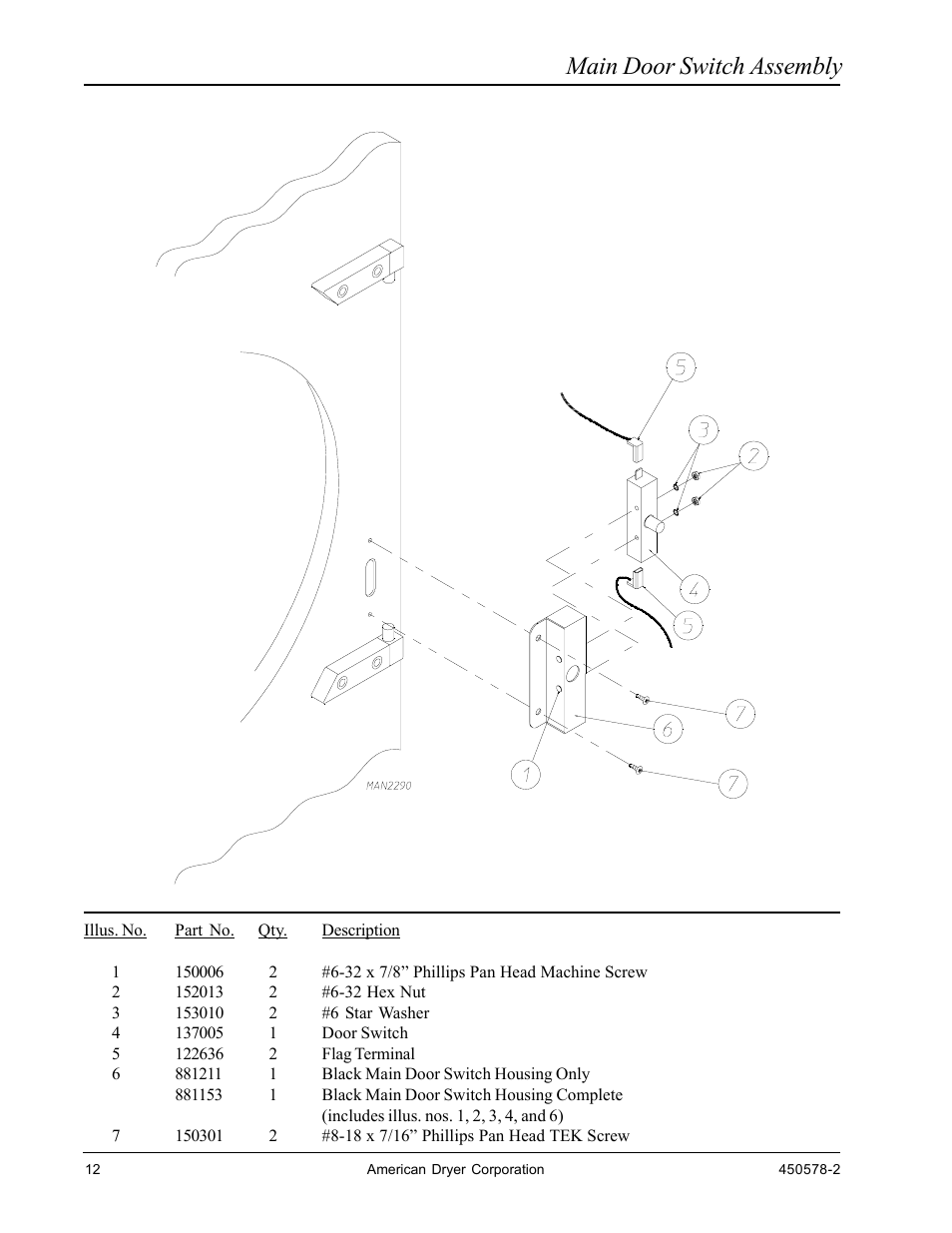 Main door switch assembly | American Dryer Corp. Phase 7 OPL/Fire Suppression System EURO-14 User Manual | Page 14 / 46