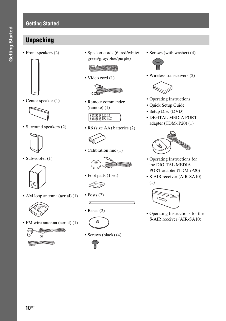 Getting started, Unpacking | Sony DAV-HDX587WC User Manual | Page 10 / 104