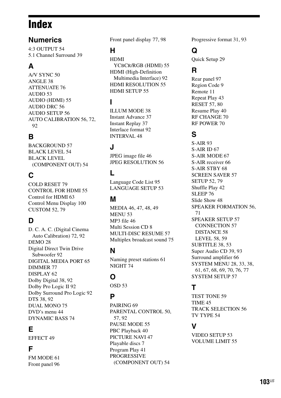 Index, Numerics | Sony DAV-HDX587WC User Manual | Page 103 / 104
