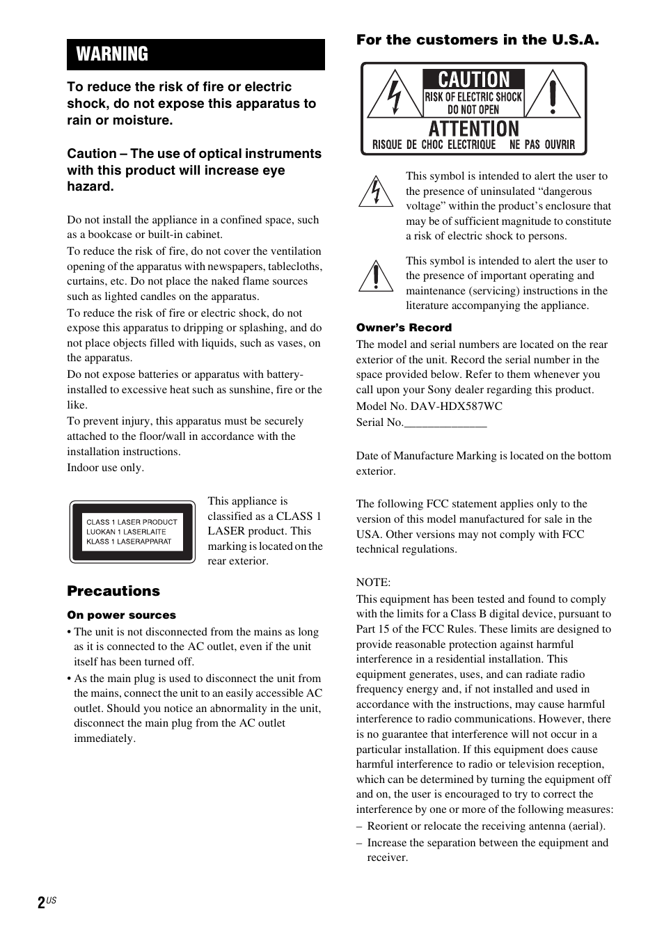 Warning | Sony DAV-HDX587WC User Manual | Page 2 / 104