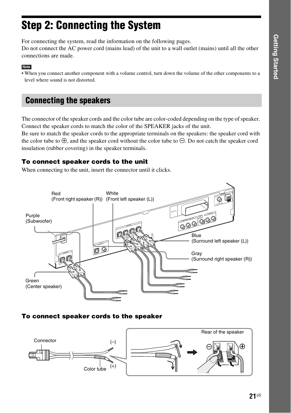 Step 2: connecting the system, Connecting the speakers, Ge tting star te d | Sony DAV-HDX587WC User Manual | Page 21 / 104
