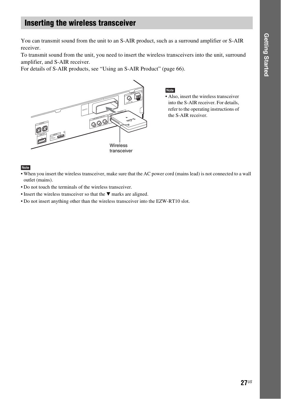 Inserting the wireless transceiver, Ge tting star te d, Wireless transceiver | Sony DAV-HDX587WC User Manual | Page 27 / 104