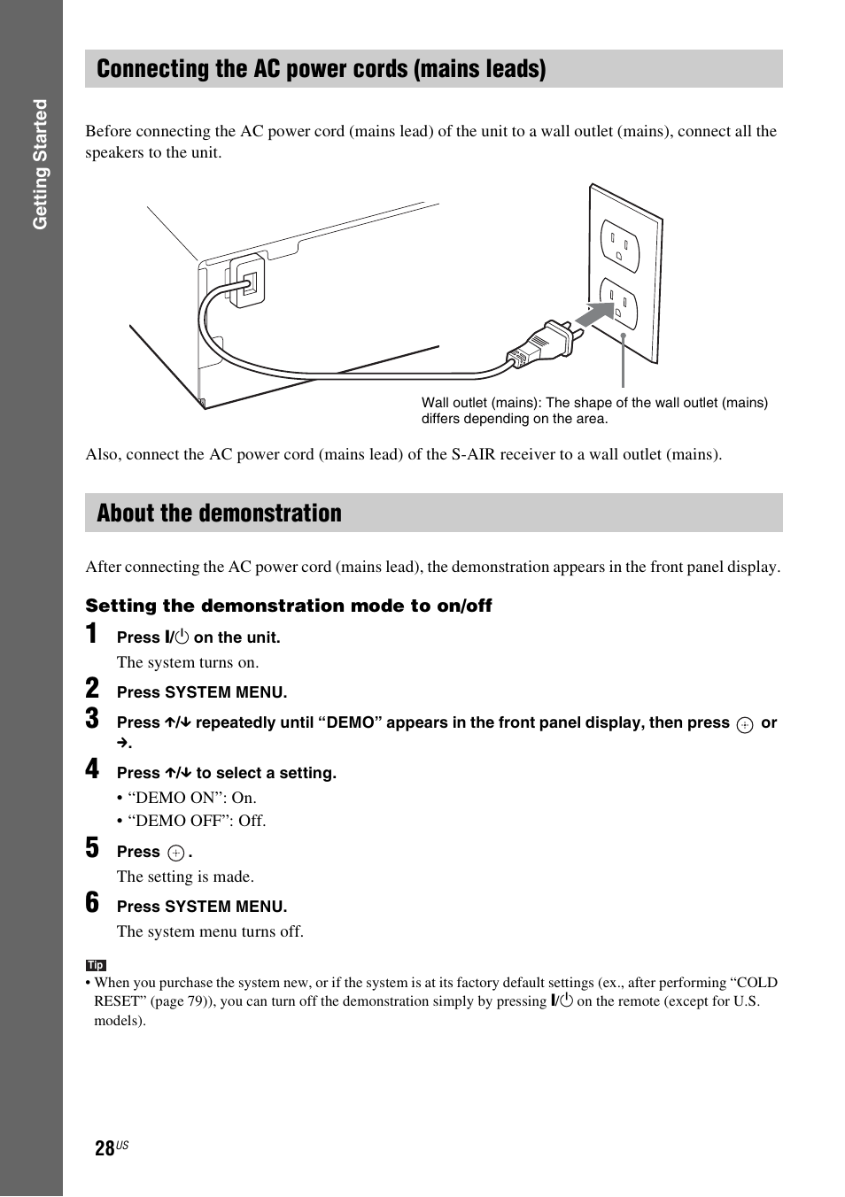 Connecting the ac power cords (mains leads), About the demonstration | Sony DAV-HDX587WC User Manual | Page 28 / 104