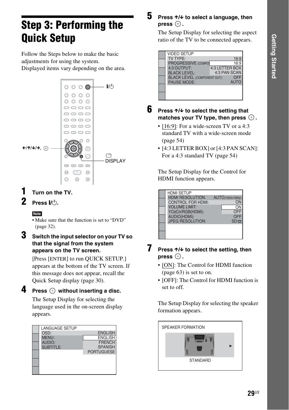 Step 3: performing the quick setup, Step 3: performing the quick, Setup | Sony DAV-HDX587WC User Manual | Page 29 / 104