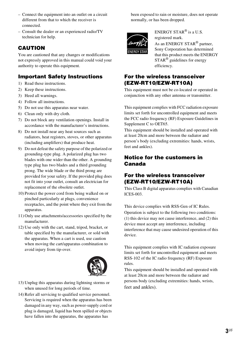 Caution, Important safety instructions, For the wireless transceiver (ezw-rt10/ezw-rt10a) | Sony DAV-HDX587WC User Manual | Page 3 / 104