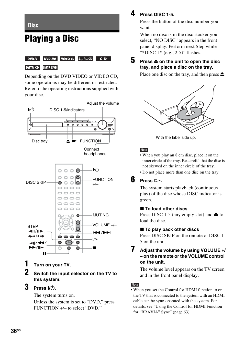 Disc, Playing a disc | Sony DAV-HDX587WC User Manual | Page 36 / 104