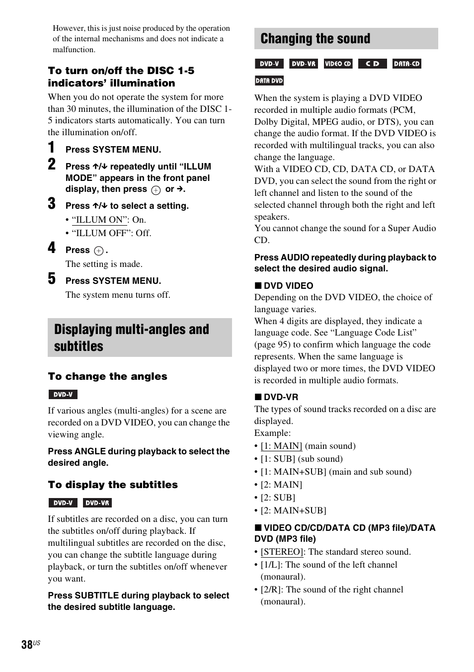 Displaying multi-angles and subtitles, Changing the sound | Sony DAV-HDX587WC User Manual | Page 38 / 104