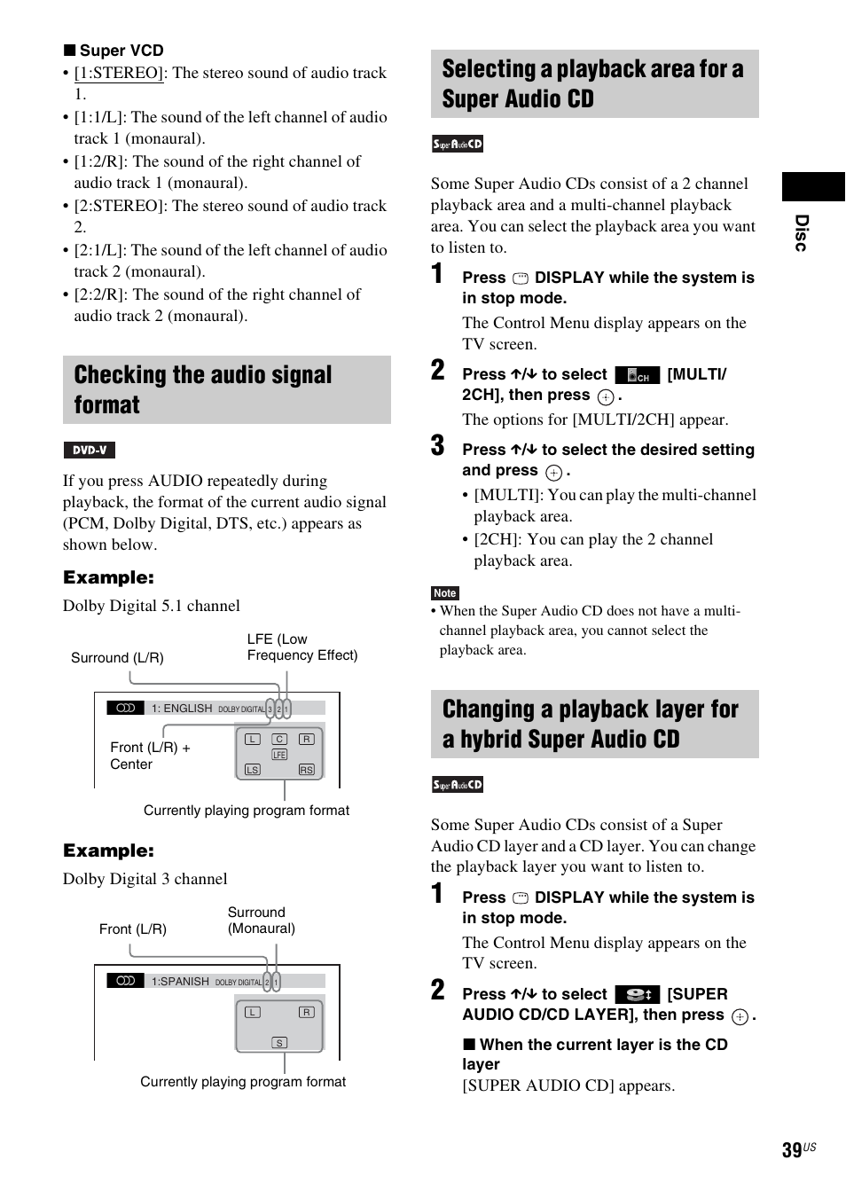 Checking the audio signal format, Selecting a playback area for a super audio cd | Sony DAV-HDX587WC User Manual | Page 39 / 104