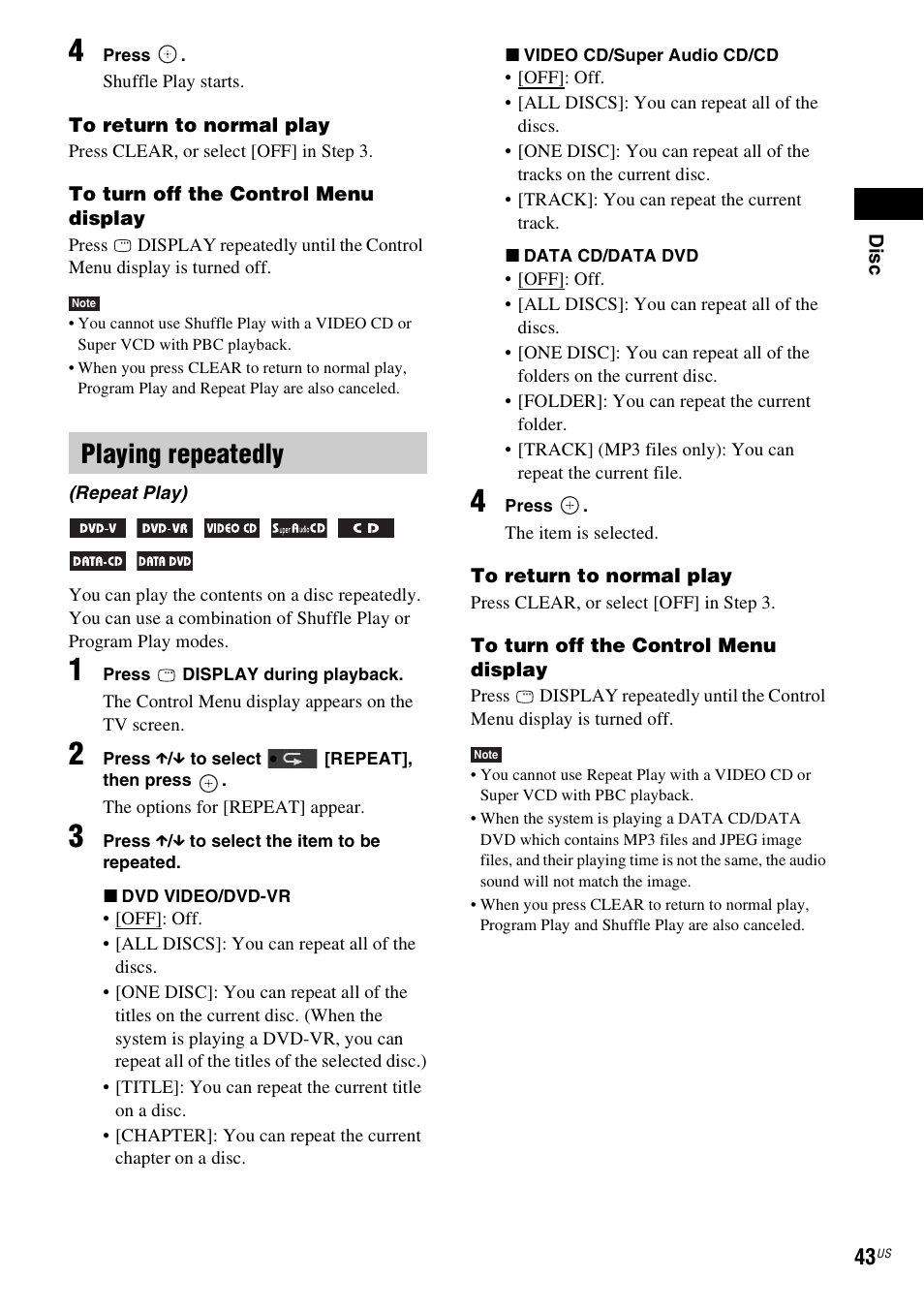 Playing repeatedly | Sony DAV-HDX587WC User Manual | Page 43 / 104