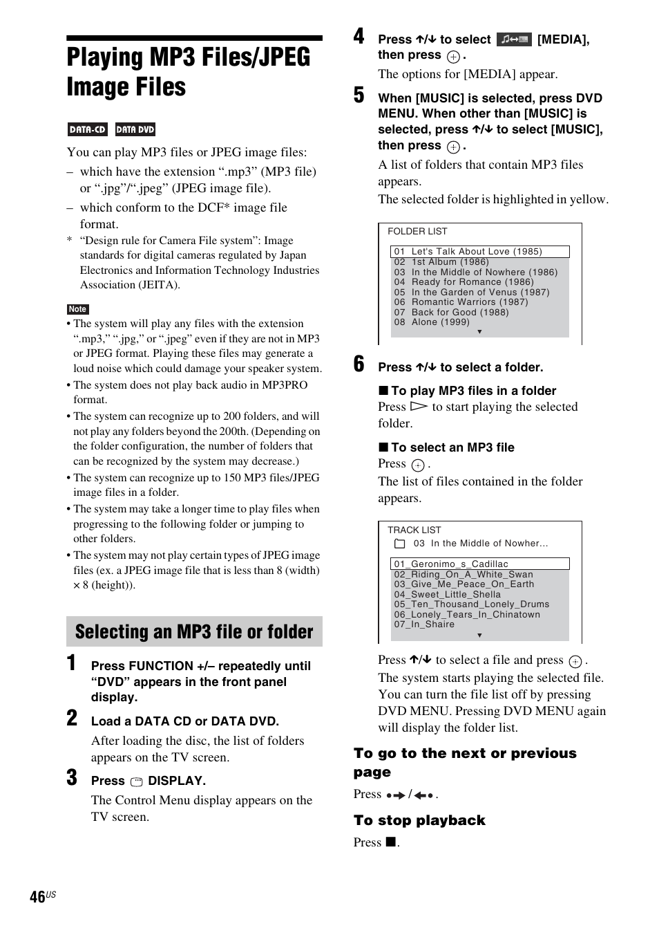 Playing mp3 files/jpeg image files, Selecting an mp3 file or folder | Sony DAV-HDX587WC User Manual | Page 46 / 104
