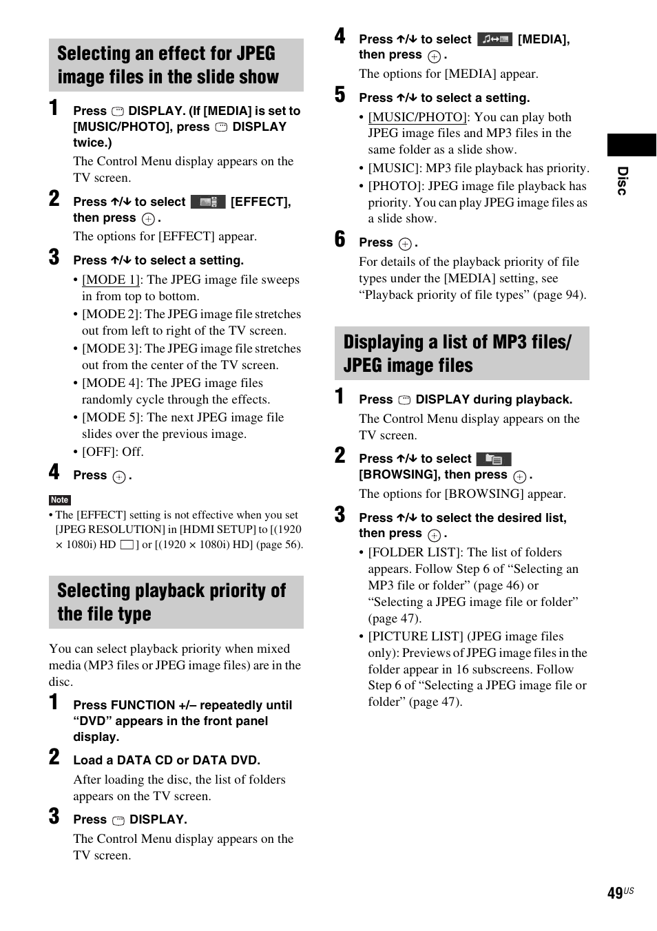 Selecting playback priority of the file type, Displaying a list of mp3 files/ jpeg image files | Sony DAV-HDX587WC User Manual | Page 49 / 104