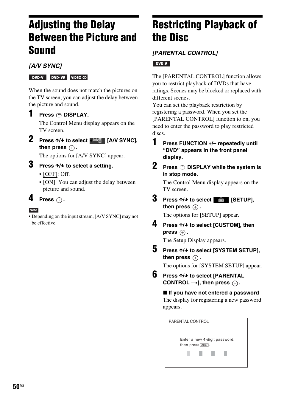 Adjusting the delay between the picture and sound, Restricting playback of the disc, Adjusting the delay between the picture | And sound | Sony DAV-HDX587WC User Manual | Page 50 / 104