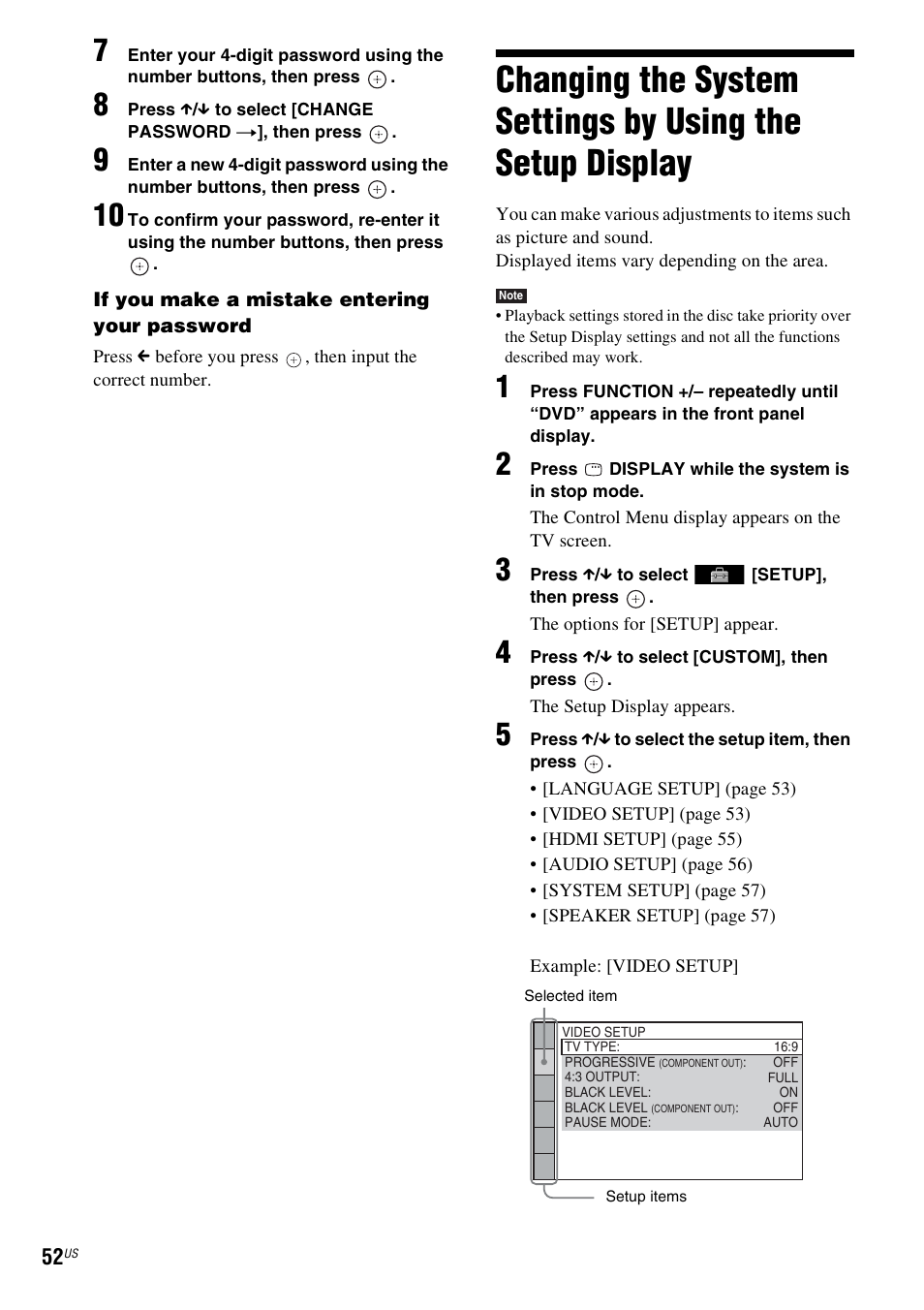 Changing the system settings by using, The setup display | Sony DAV-HDX587WC User Manual | Page 52 / 104
