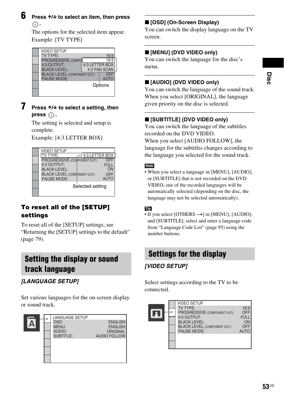 Setting the display or sound track language, Settings for the display, Dis c | Sony DAV-HDX587WC User Manual | Page 53 / 104