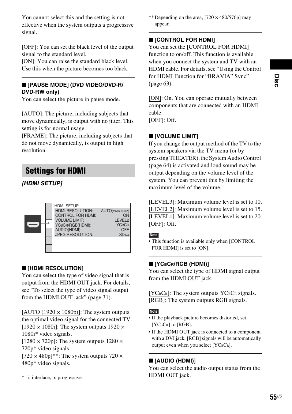 Settings for hdmi, Dis c | Sony DAV-HDX587WC User Manual | Page 55 / 104
