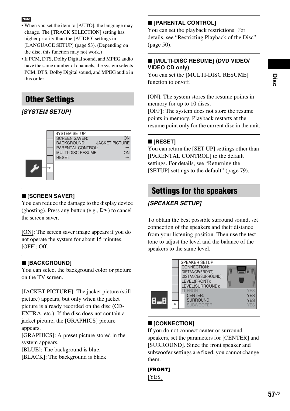 Other settings, Settings for the speakers | Sony DAV-HDX587WC User Manual | Page 57 / 104