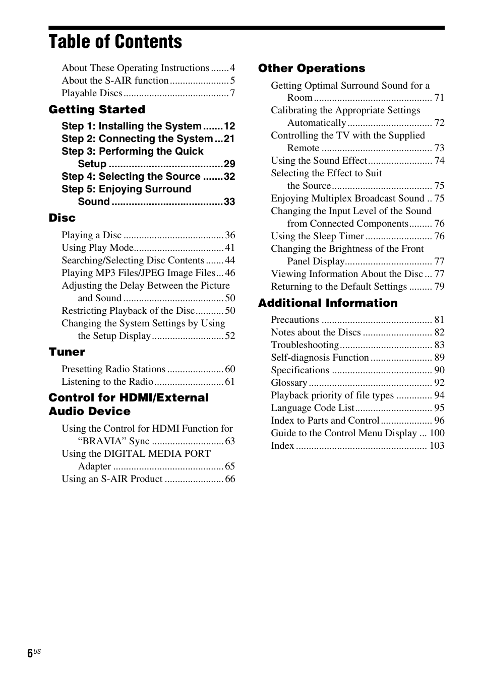 Sony DAV-HDX587WC User Manual | Page 6 / 104