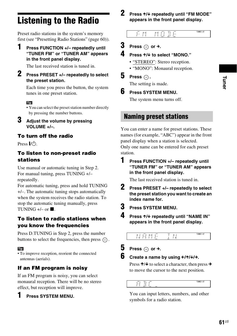 Listening to the radio, Naming preset stations | Sony DAV-HDX587WC User Manual | Page 61 / 104