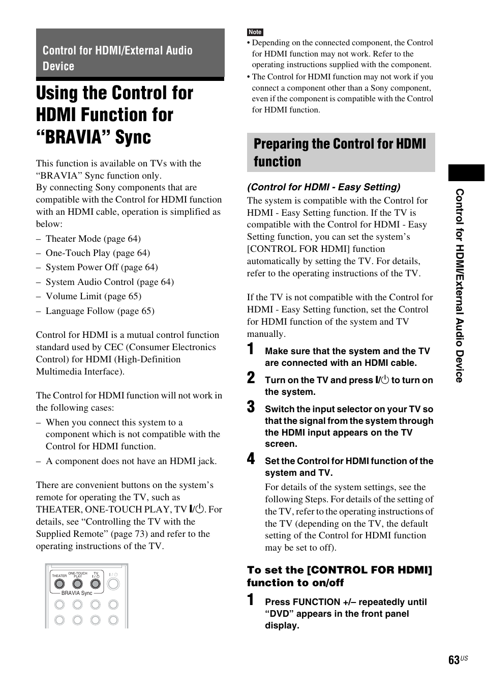 Control for hdmi/external audio device, Preparing the control for hdmi function, Using the control for hdmi function for | Bravia” sync | Sony DAV-HDX587WC User Manual | Page 63 / 104