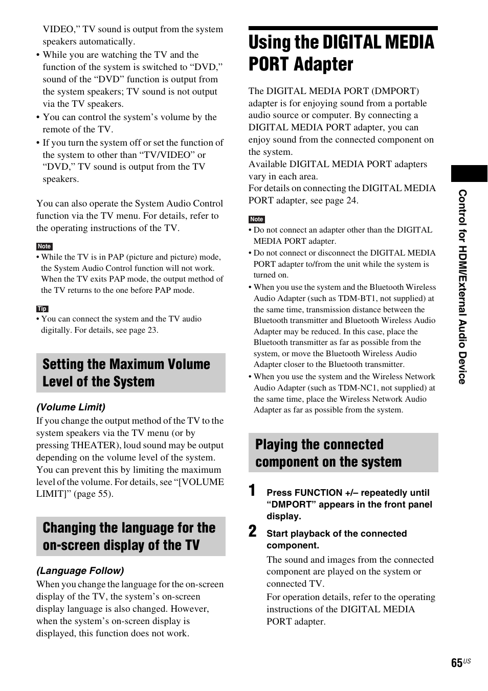 Setting the maximum volume level of the system, Using the digital media port adapter, Playing the connected component on the system | Using the digital media port, Adapter | Sony DAV-HDX587WC User Manual | Page 65 / 104