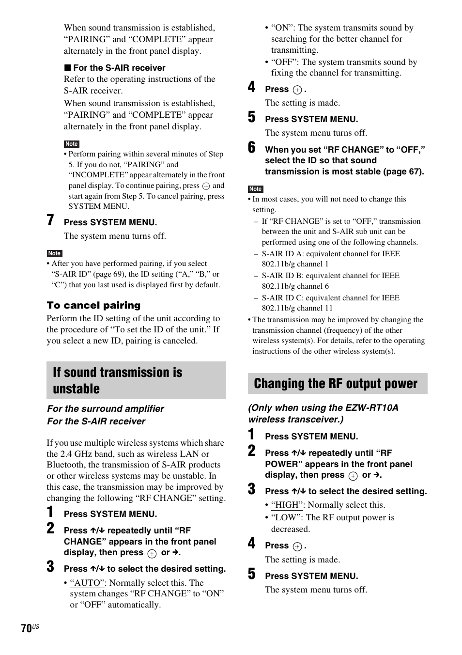 If sound transmission is unstable, Changing the rf output power | Sony DAV-HDX587WC User Manual | Page 70 / 104