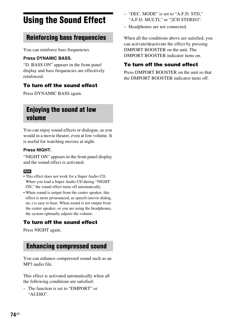 Using the sound effect, Reinforcing bass frequencies, Enjoying the sound at low volume | Enhancing compressed sound | Sony DAV-HDX587WC User Manual | Page 74 / 104