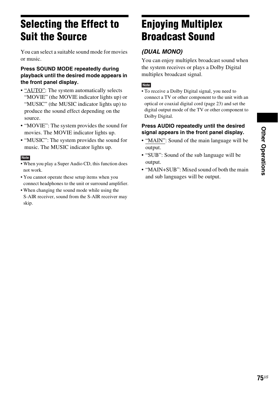 Selecting the effect to suit the source, Enjoying multiplex broadcast sound, Selecting the effect to suit | The source | Sony DAV-HDX587WC User Manual | Page 75 / 104