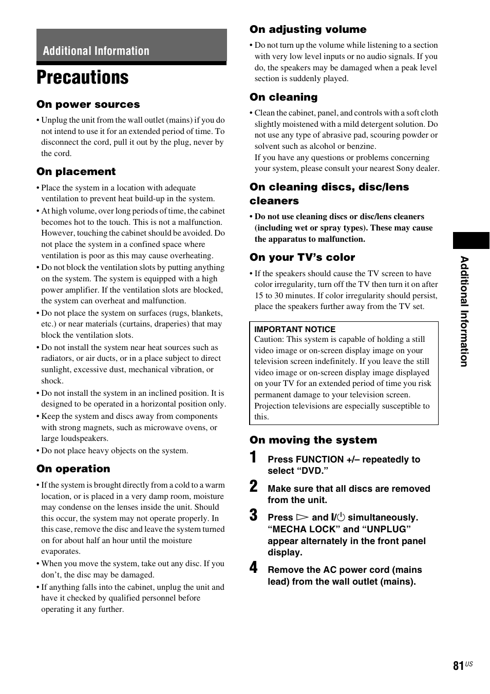 Additional information, Precautions | Sony DAV-HDX587WC User Manual | Page 81 / 104