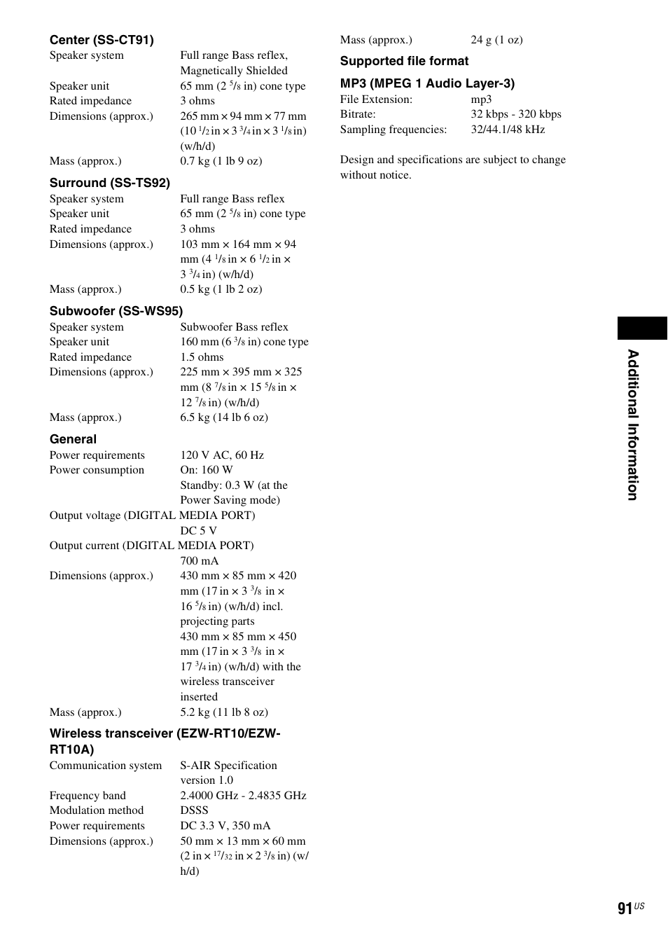 Ad dit iona l inf o rma tion | Sony DAV-HDX587WC User Manual | Page 91 / 104