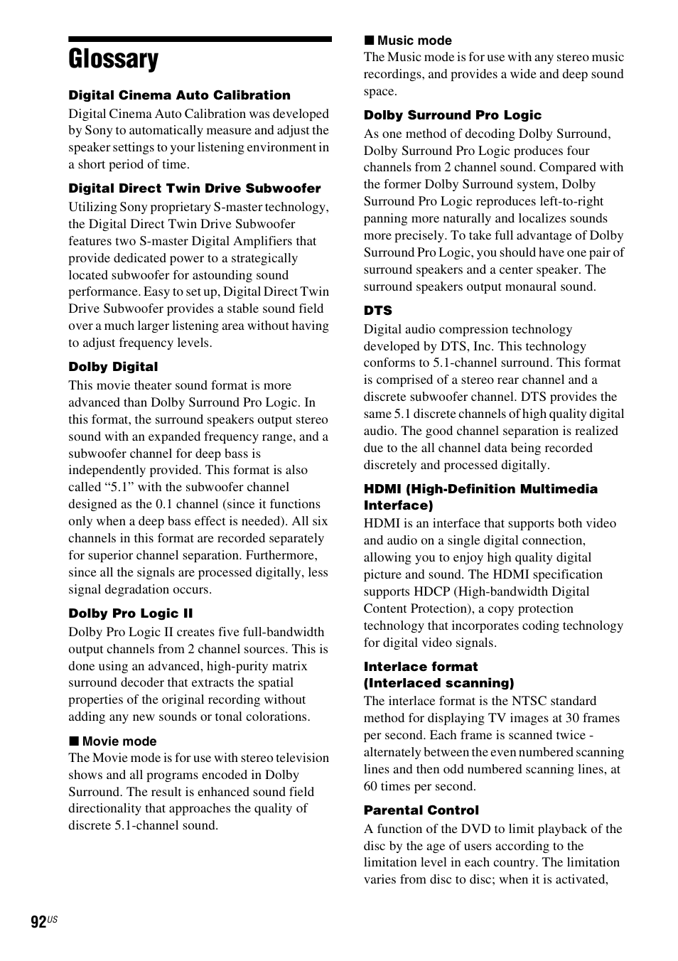 Glossary | Sony DAV-HDX587WC User Manual | Page 92 / 104
