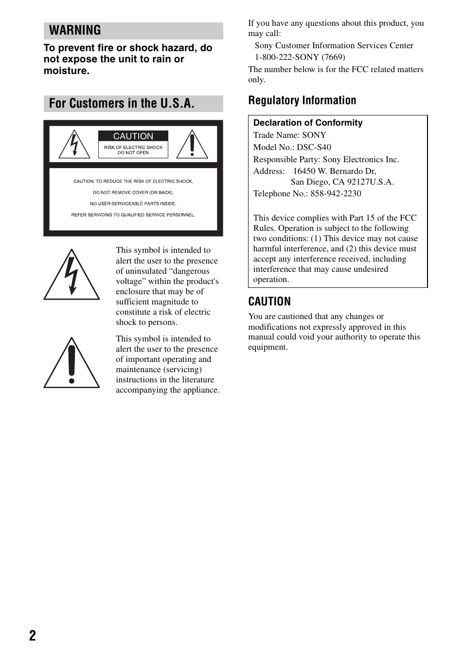 Warning for customers in the u.s.a | Sony DSC-S40 User Manual | Page 2 / 91