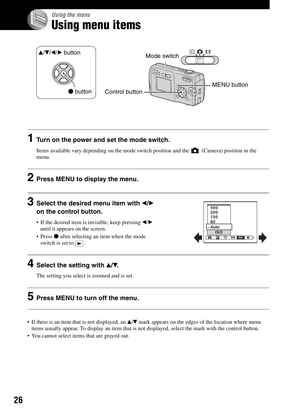 Using the menu, Using menu items, Nu (26) | Sony DSC-S40 User Manual | Page 26 / 91