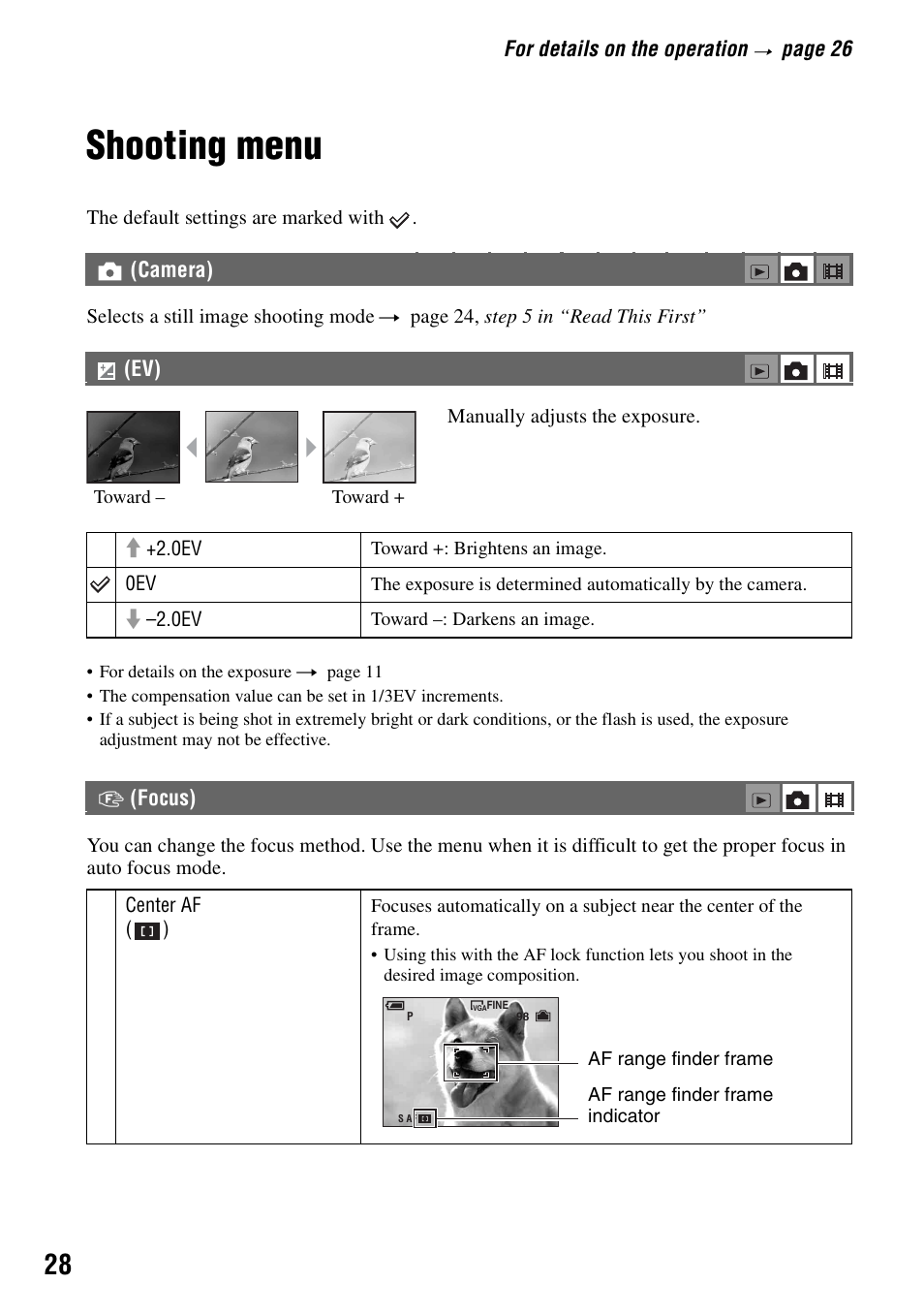 Shooting menu, Camera), Focus) | E (28) | Sony DSC-S40 User Manual | Page 28 / 91