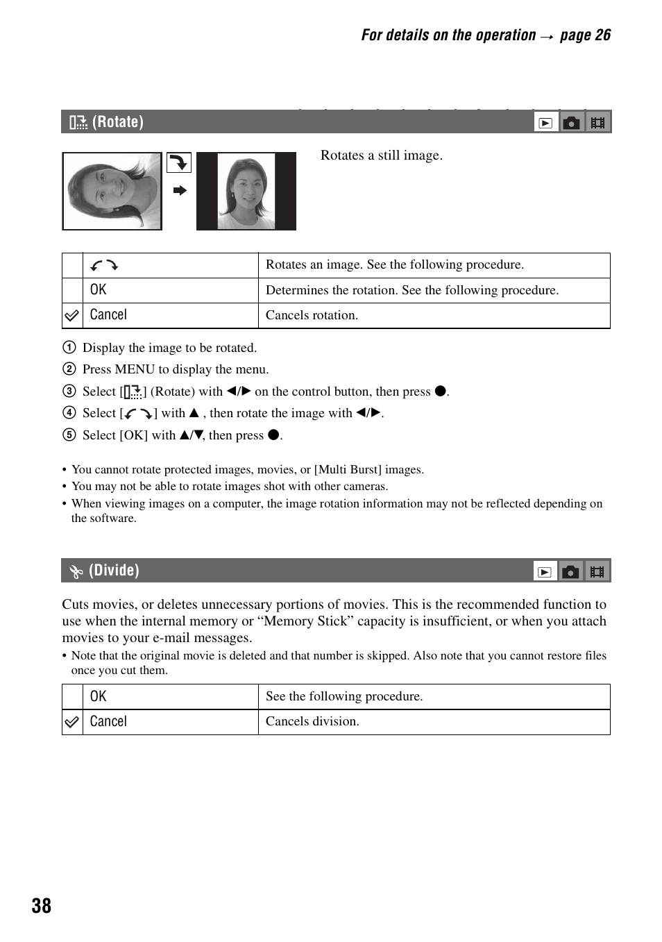 Rotate), Divide) | Sony DSC-S40 User Manual | Page 38 / 91