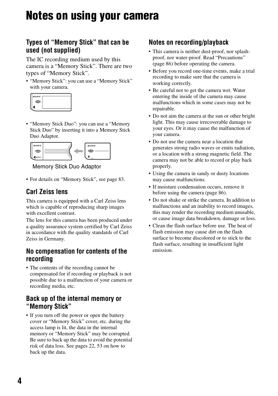 Notes on using your camera | Sony DSC-S40 User Manual | Page 4 / 91