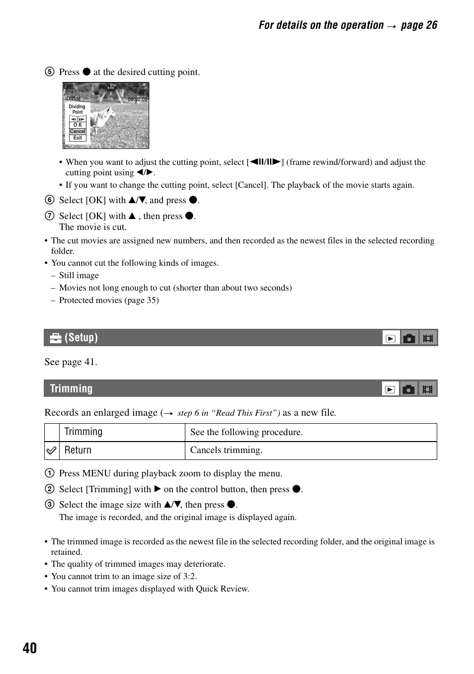 Trimming, For details on the operation, Page 26 | Setup) trimming | Sony DSC-S40 User Manual | Page 40 / 91