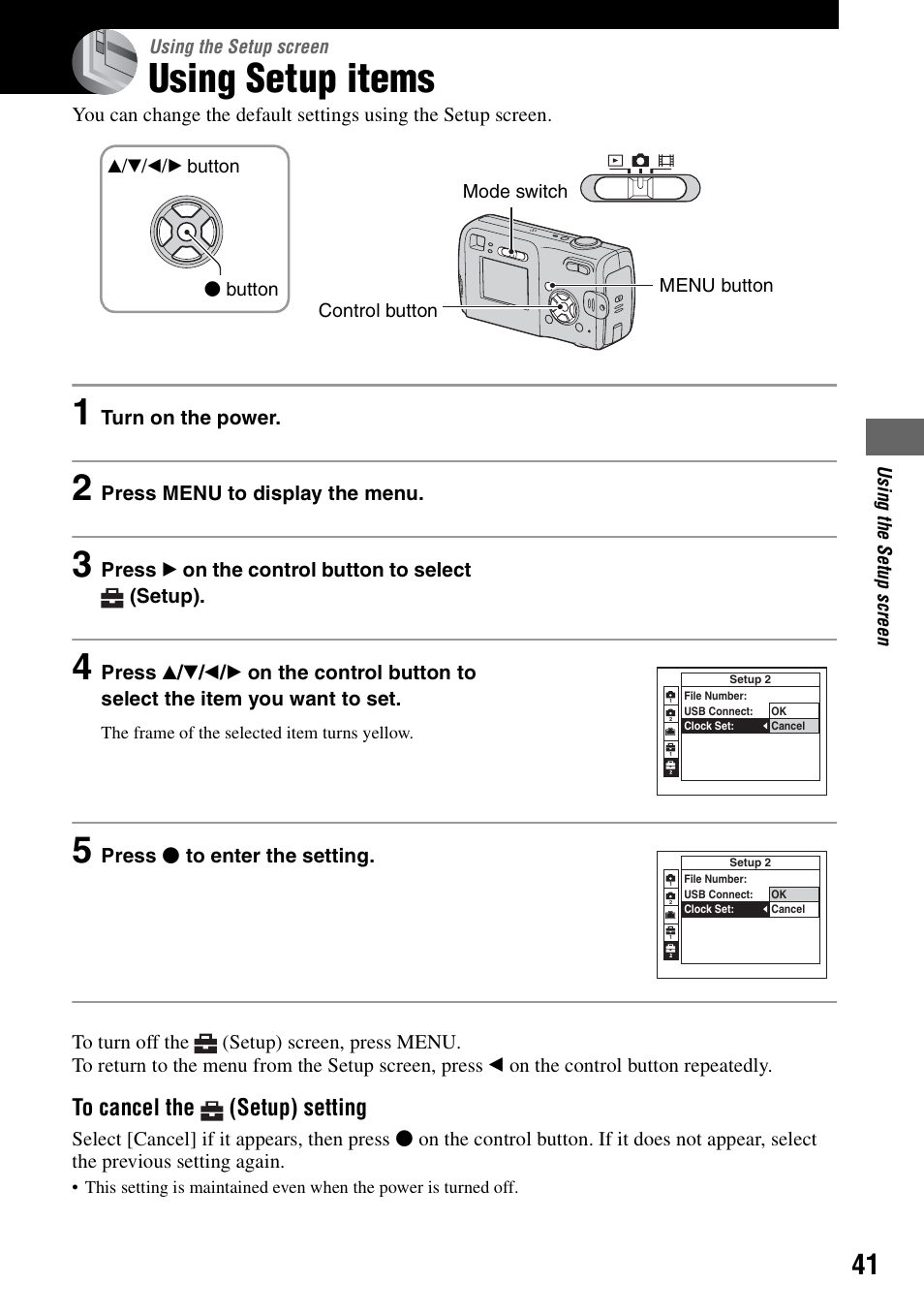 Using the setup screen, Using setup items | Sony DSC-S40 User Manual | Page 41 / 91